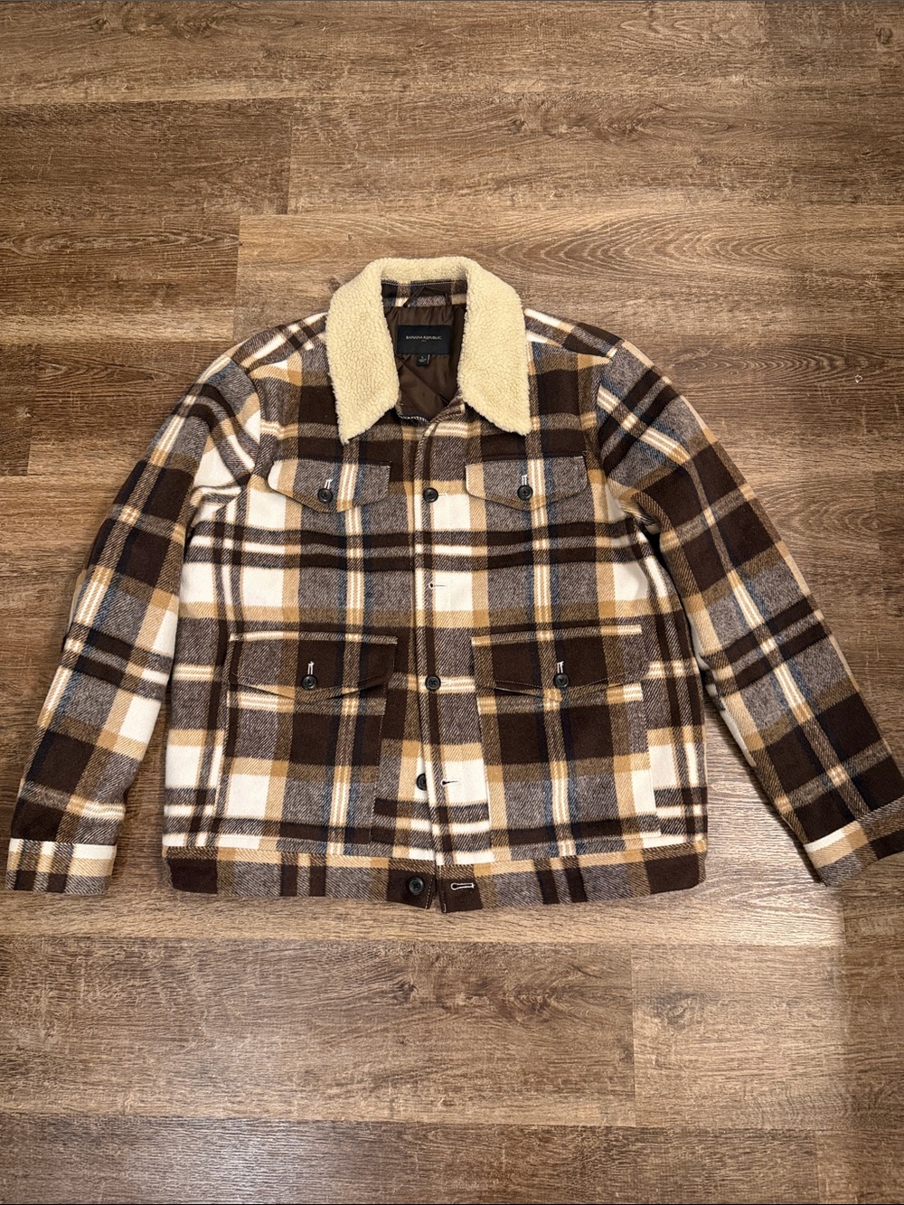 Banana Republic Brown and Cream Plaid Sherpa-Collar Shirt Jacket